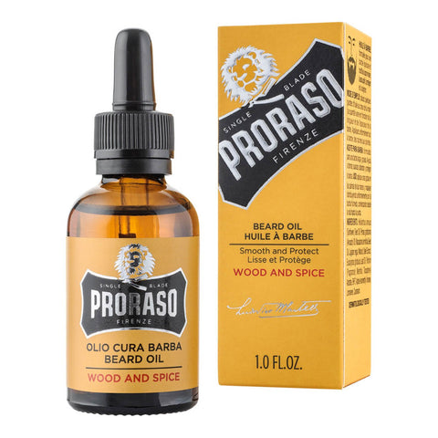 Glassflaske med dråpeteller og gul etikett. Italiensk skjeggolje fra Proraso.