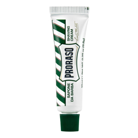 Hvit plasttube med grønn skrukort. Italiensk barberkrem fra Proraso.