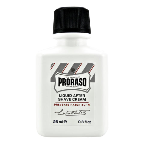 Liten hvit plastflaske med skrukork. Italiensk aftershave balm fra Proraso.