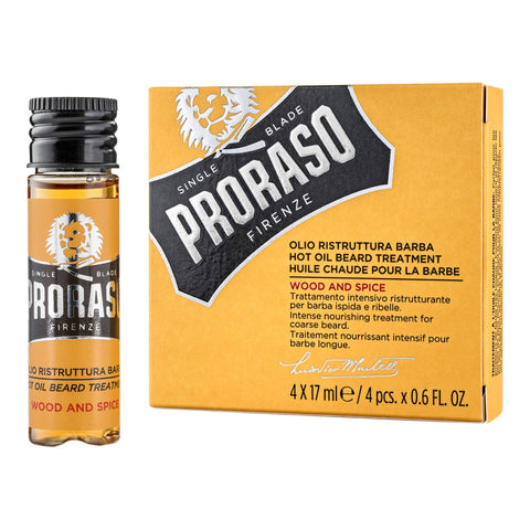 4 glassflasker med skrukork og oransje veske med gul etikett. Italiensk skjeggbehandlingsolje fra Proarso.