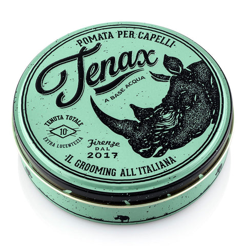 Grønn boks med Tenax-logo og nesehorn på lokket. Supersterk hårpomade fra Italienske Tenax.