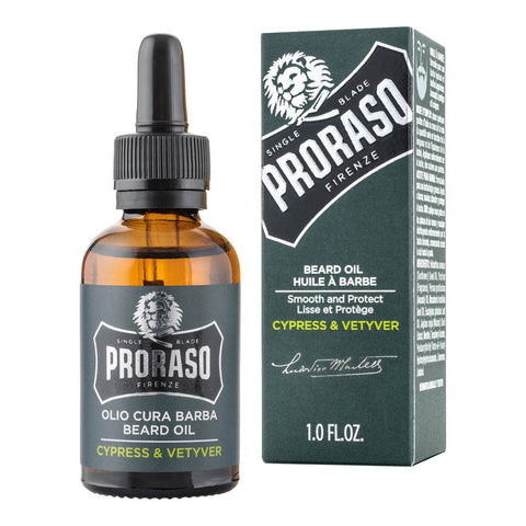 Glassflaske med dråpeteller og grønn etikett. Italiensk skjeggolje fra Proraso.