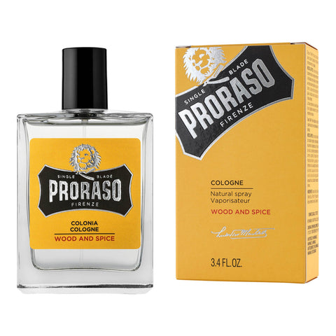 Blank glassflaske med skrukork og gul etikett. Italiensk parfyme fra Proraso