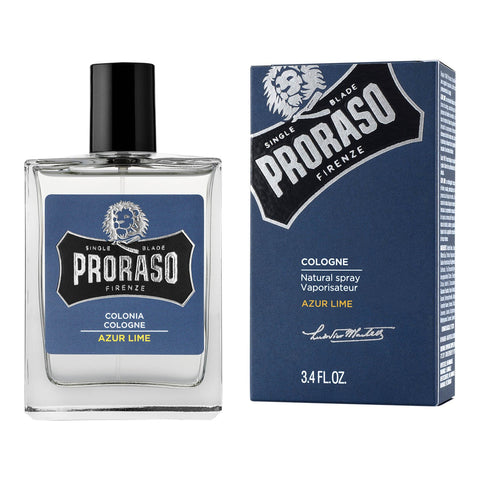 Blank glassflaske med skrukork og blå etikett. Italiensk parfyme fra Proraso